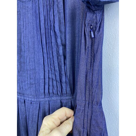 EShakti Sz M (10) Chambray Pintuck Puff SS Fit’N’Flare Black Trim Full Skirt Drs - Picture 4 of 14